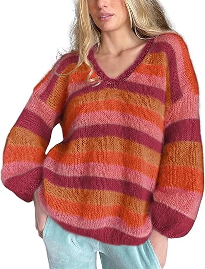 V-neck Colorful Striped Knit Sweater