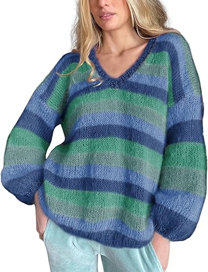 V-neck Colorful Striped Knit Sweater