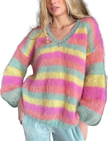 V-neck Colorful Striped Knit Sweater