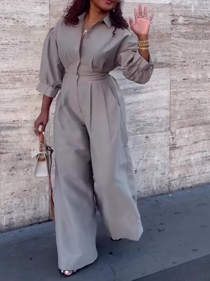 Long Sleeve Shirt Wide Leg Jumpsuit