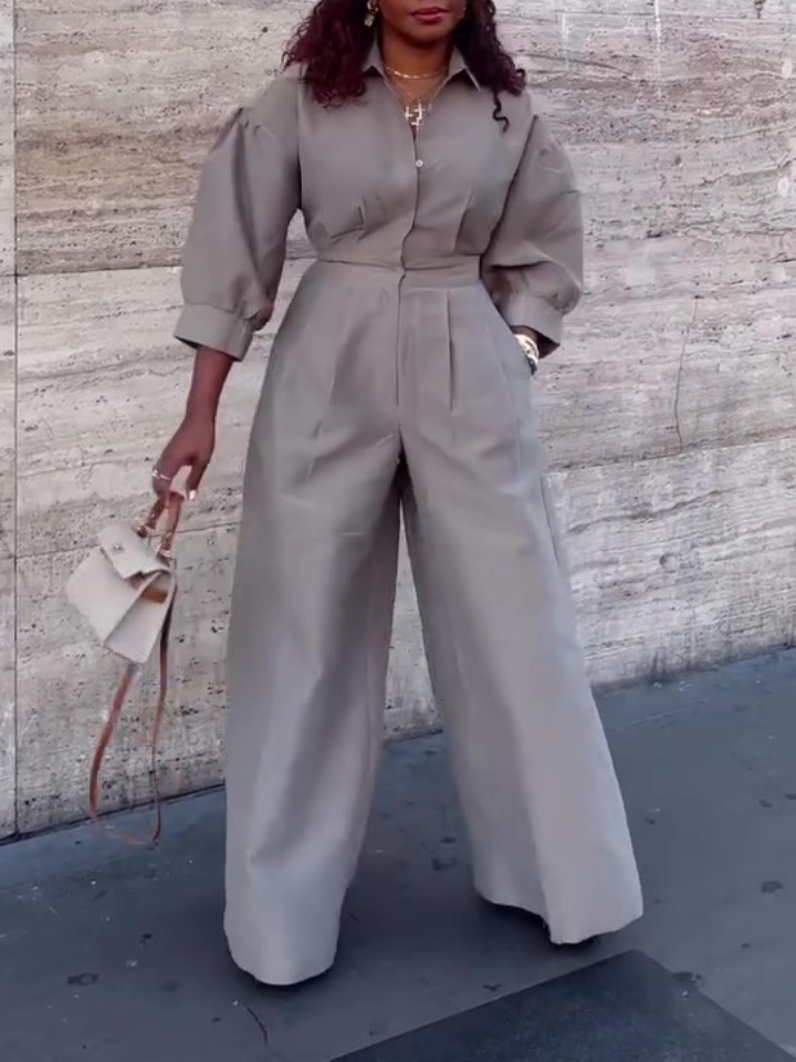 Long Sleeve Shirt Wide Leg Jumpsuit