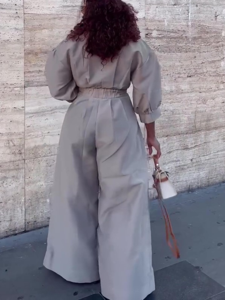 Long Sleeve Shirt Wide Leg Jumpsuit