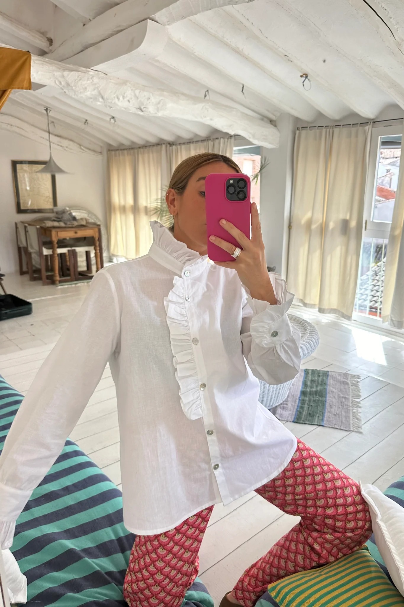 Ruffle Trim Standing Collar Shirt