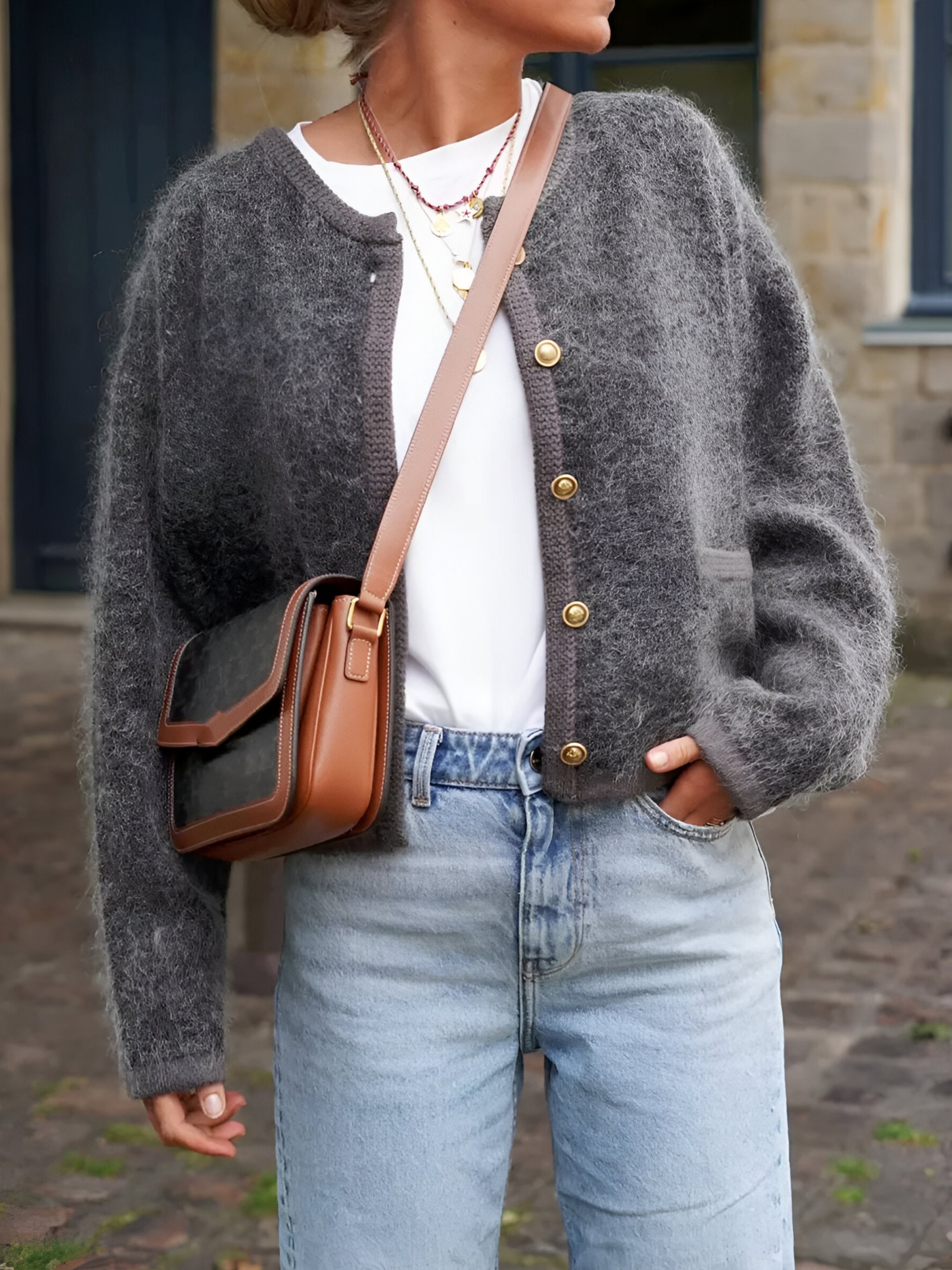 Round Neck Long Sleeve Cardigan