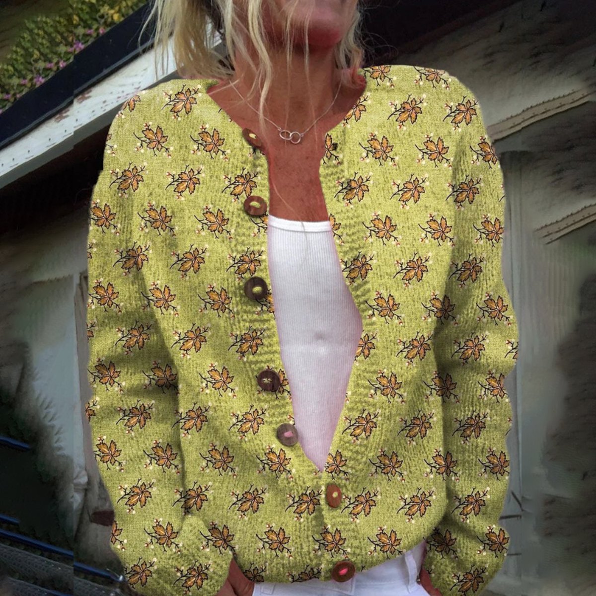 Round Neck Printed Knit Cardigan