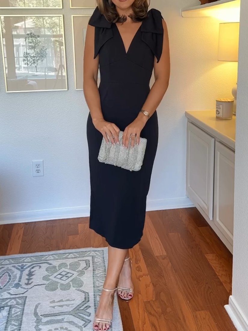 V-neck Bow Shoulder Midi Dress