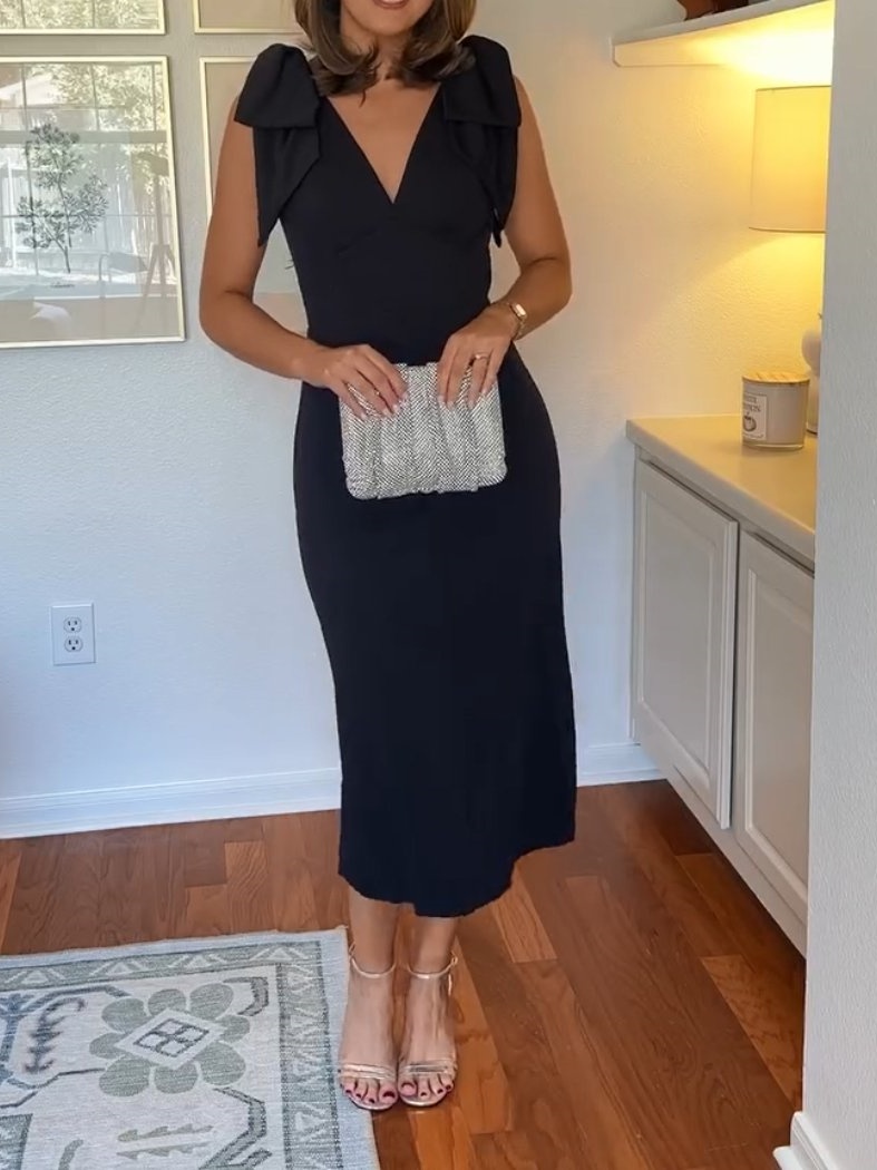 V-neck Bow Shoulder Midi Dress