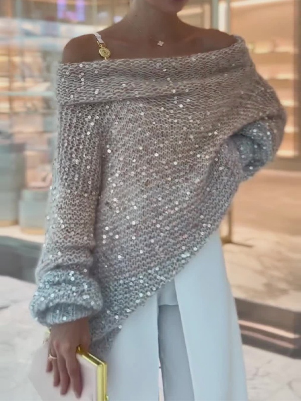 Sequined One-Shoulder Sweater