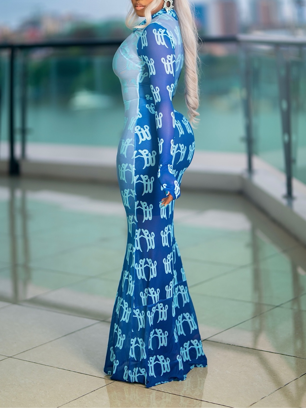 Long Sleeve Letter Printed Slim Maxi Dress