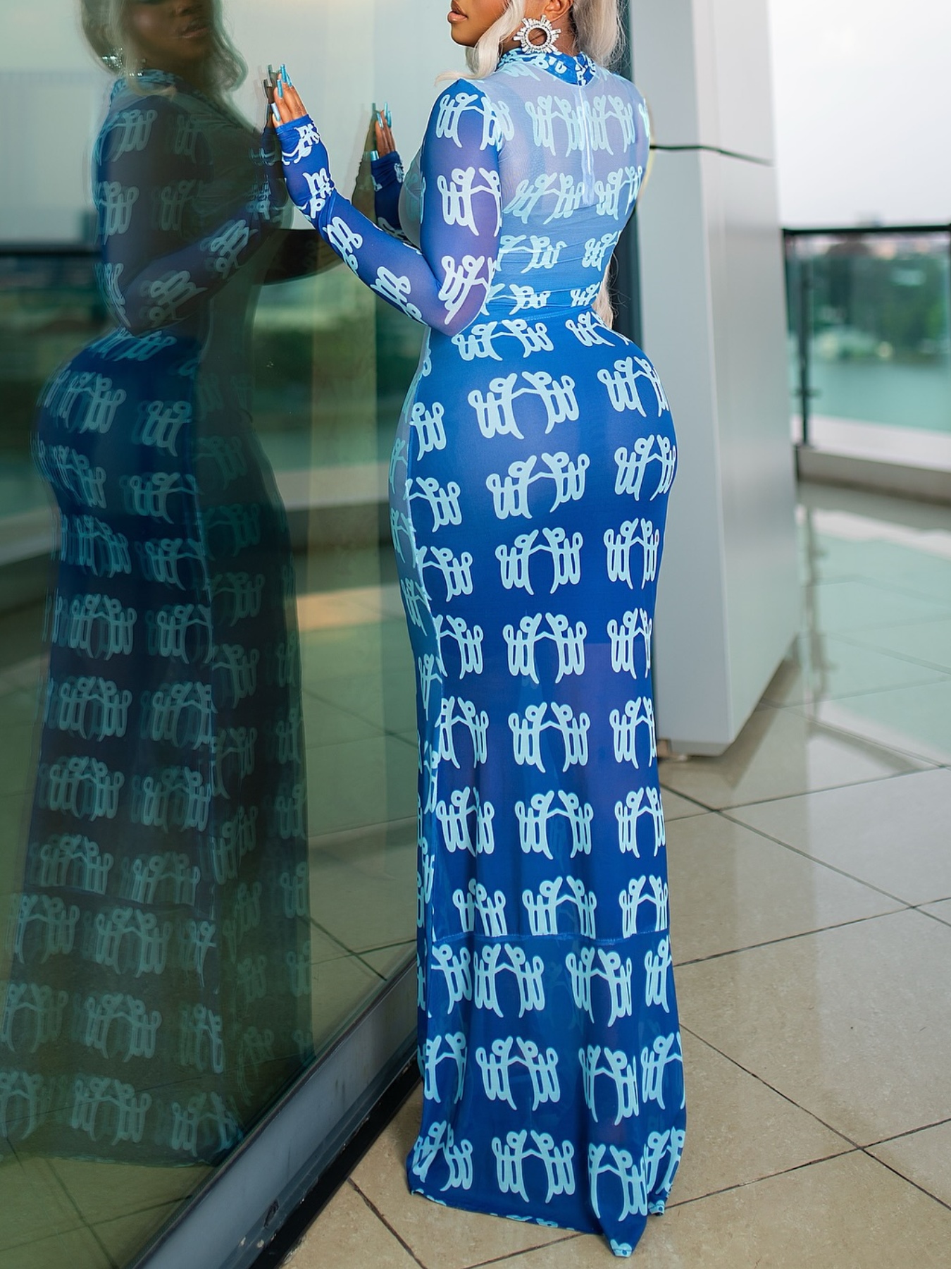 Long Sleeve Letter Printed Slim Maxi Dress