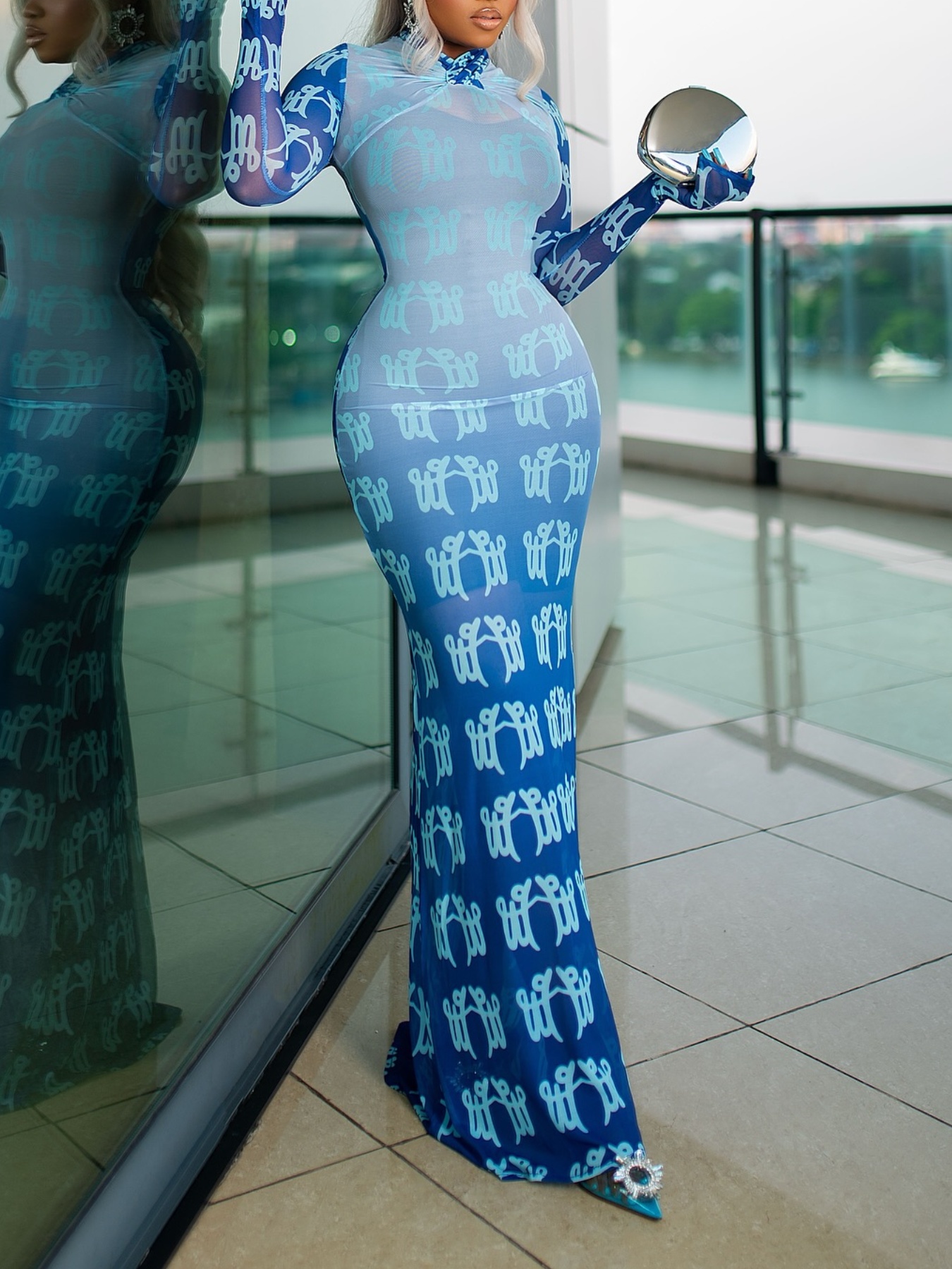 Long Sleeve Letter Printed Slim Maxi Dress