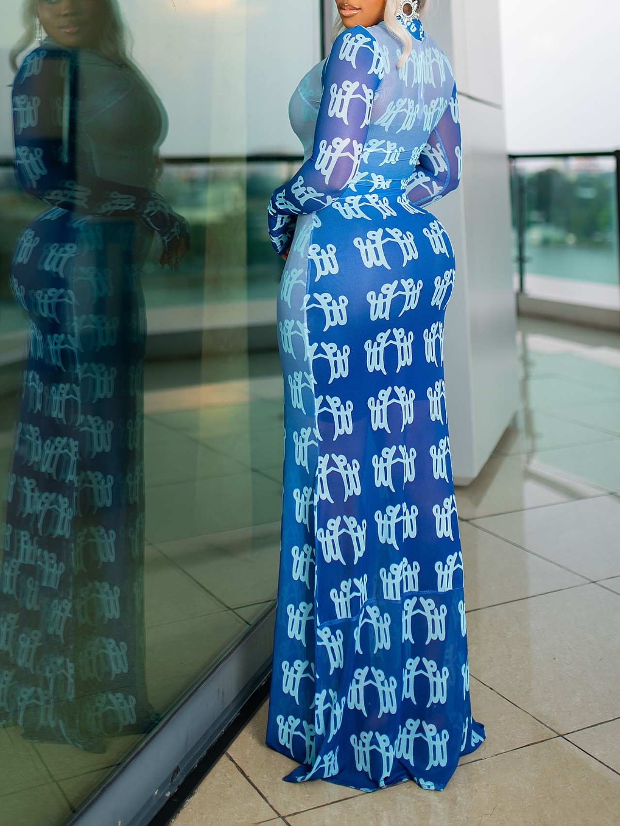 Long Sleeve Letter Printed Slim Maxi Dress