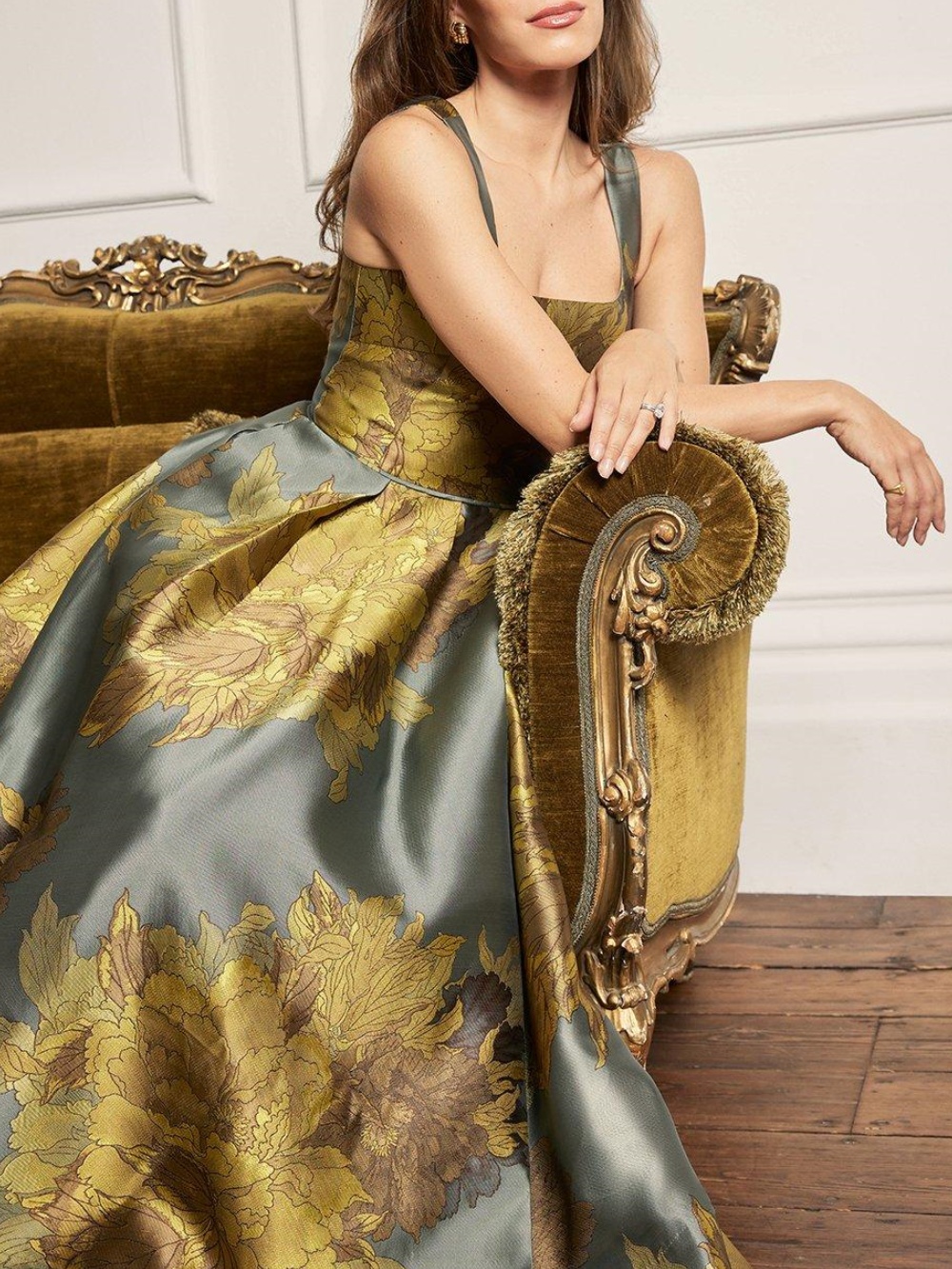 Floral Jacquard Pleat Detail Woven Prom Dress