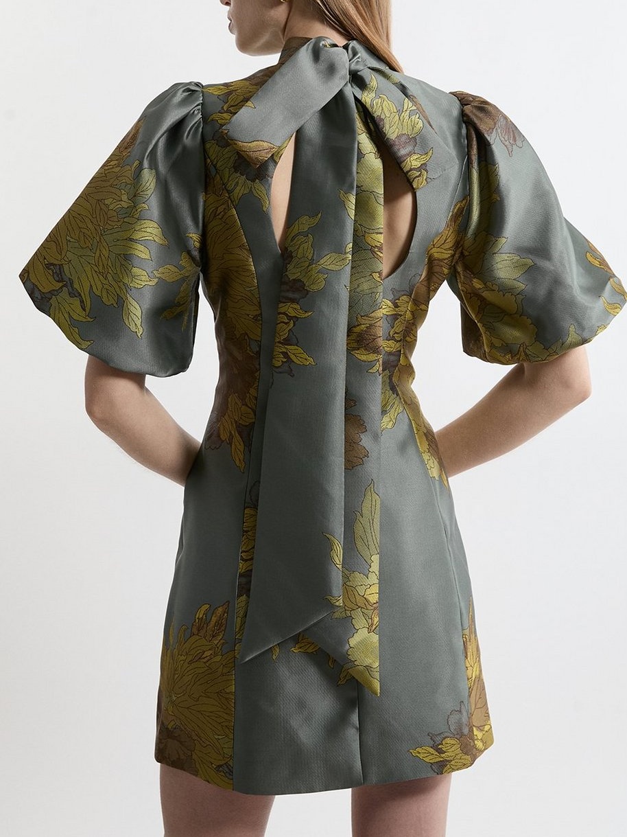 Floral Jacquard Pleat Detail Woven Prom Dress