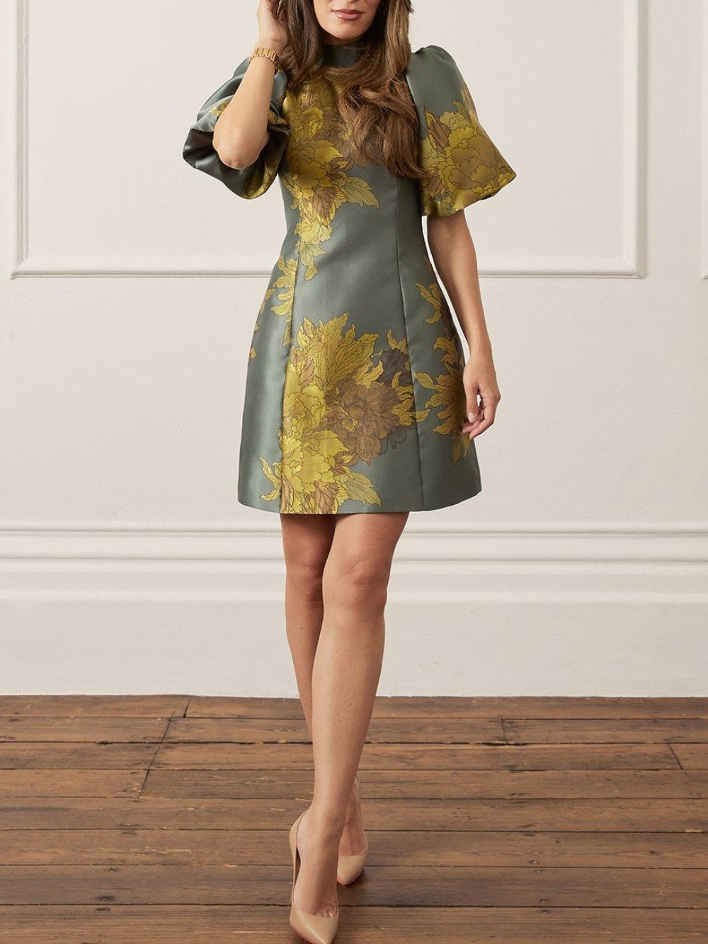 Floral Jacquard Pleat Detail Woven Prom Dress