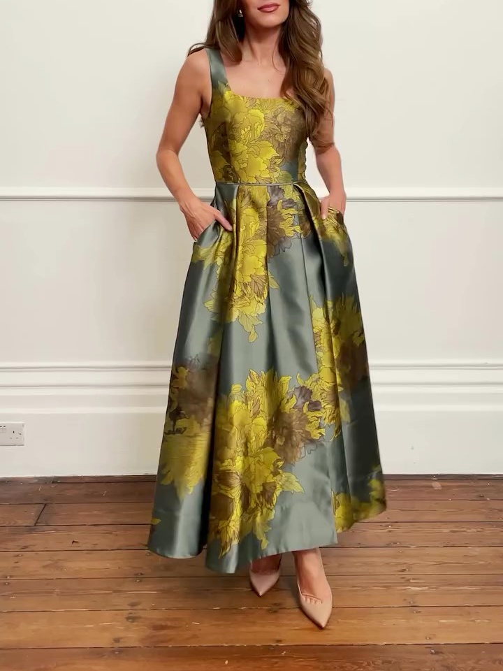 Floral Jacquard Pleat Detail Woven Prom Dress