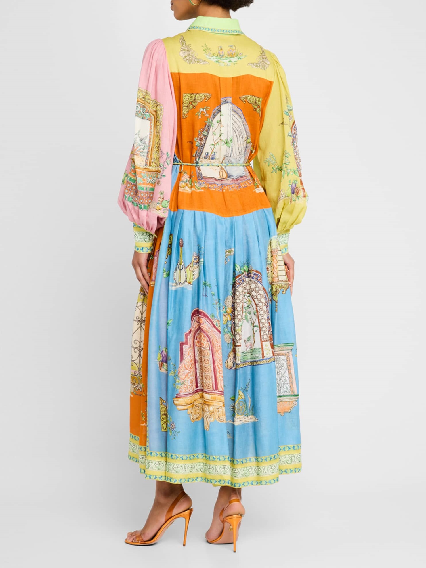 Puff Sleeve Printed Belted Maxi Shirtdress