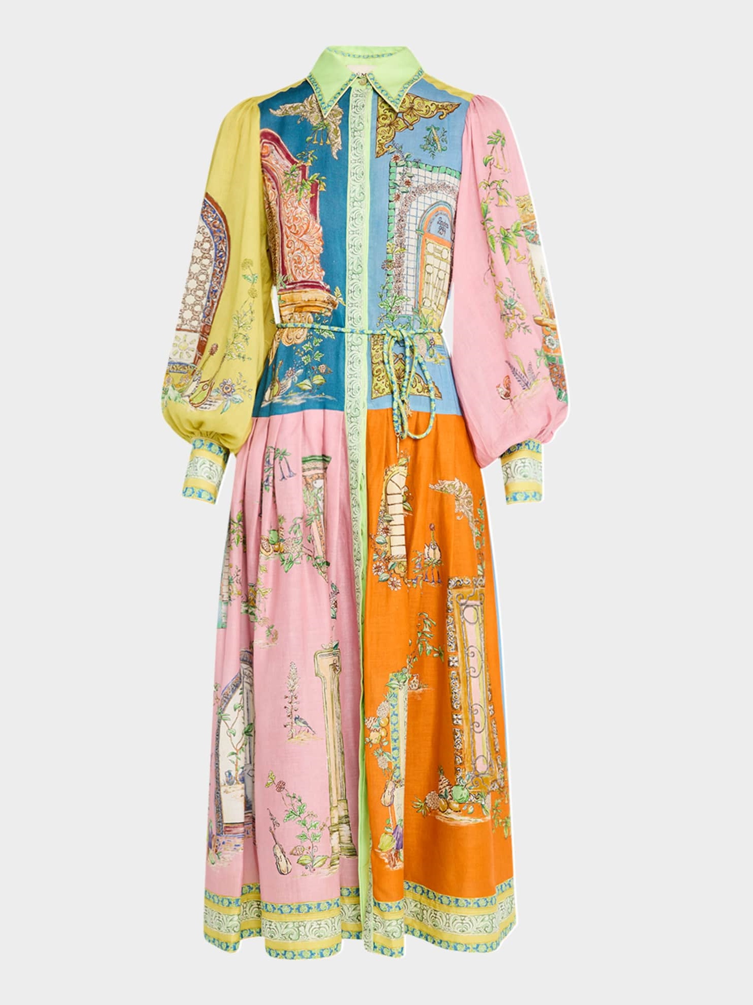 Puff Sleeve Printed Belted Maxi Shirtdress
