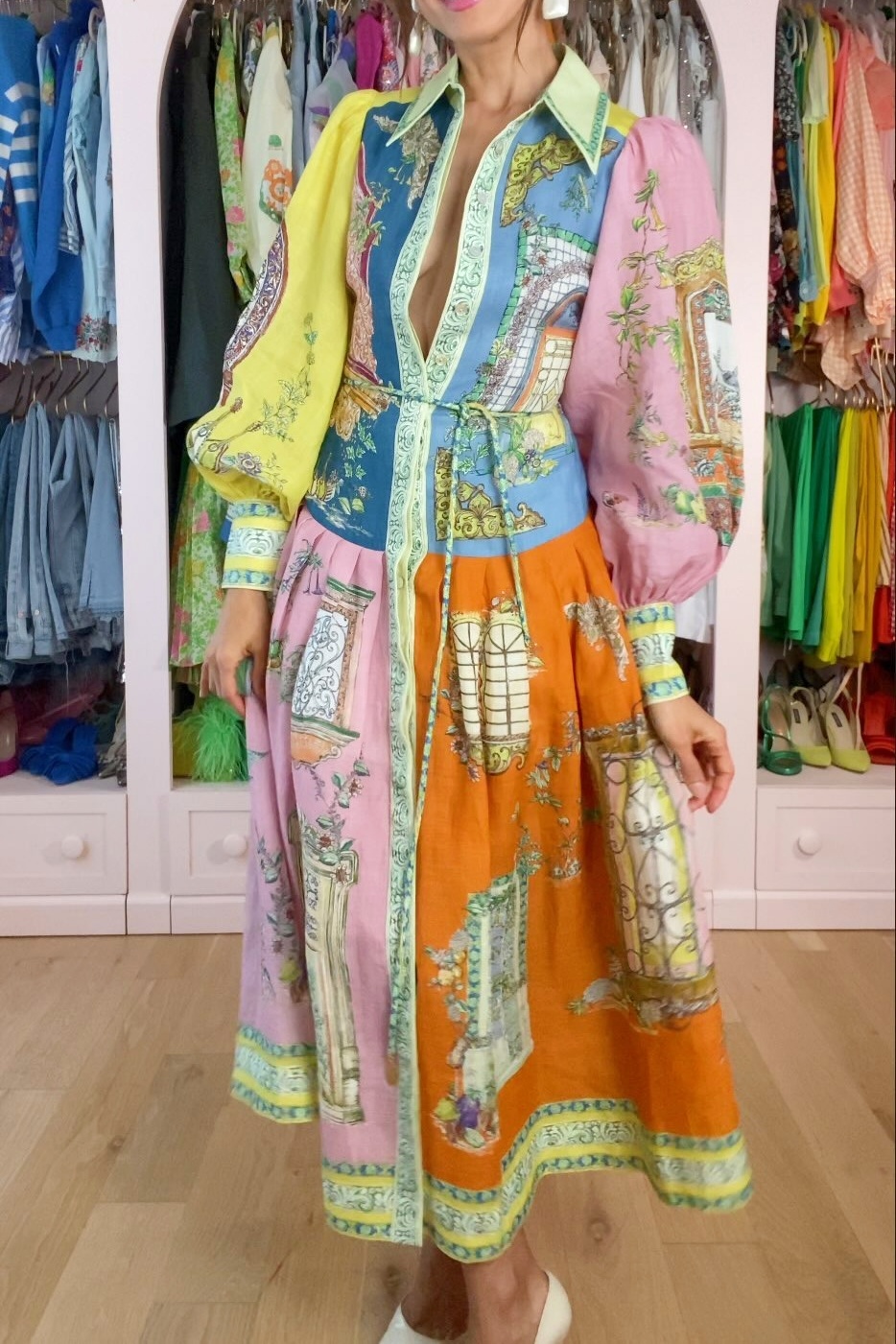 Puff Sleeve Printed Belted Maxi Shirtdress