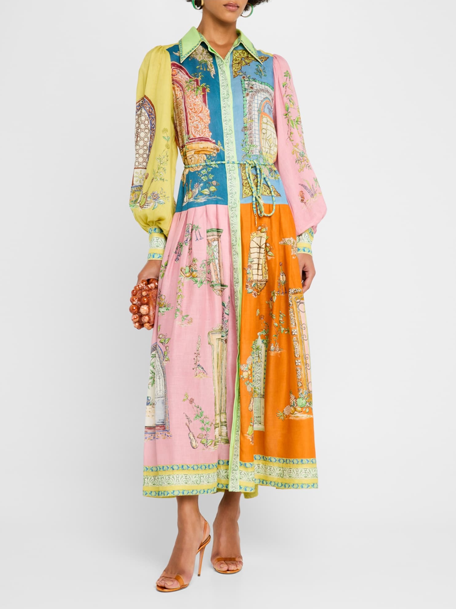 Puff Sleeve Printed Belted Maxi Shirtdress