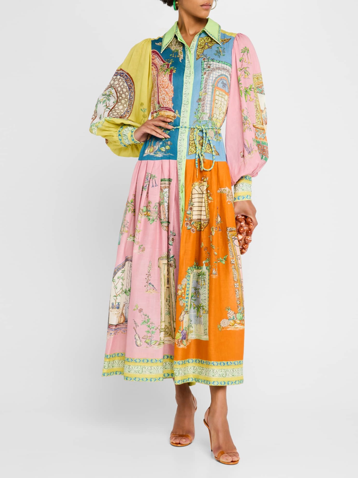 Puff Sleeve Printed Belted Maxi Shirtdress