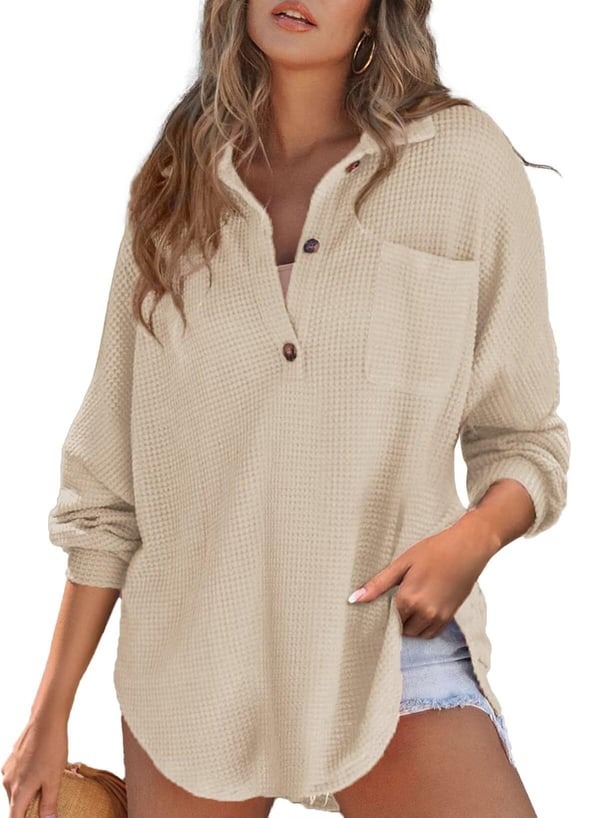 Women's Waffle Knit Henley V Neck Shirt Jacket