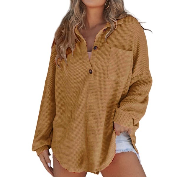 Women's Waffle Knit Henley V Neck Shirt Jacket