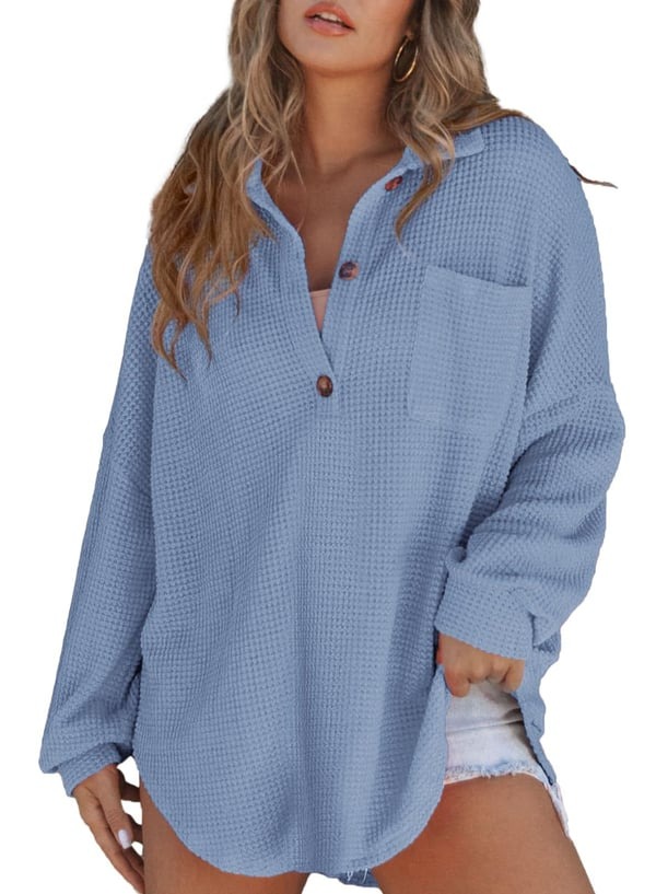 Women's Waffle Knit Henley V Neck Shirt Jacket
