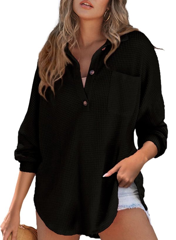 Women's Waffle Knit Henley V Neck Shirt Jacket