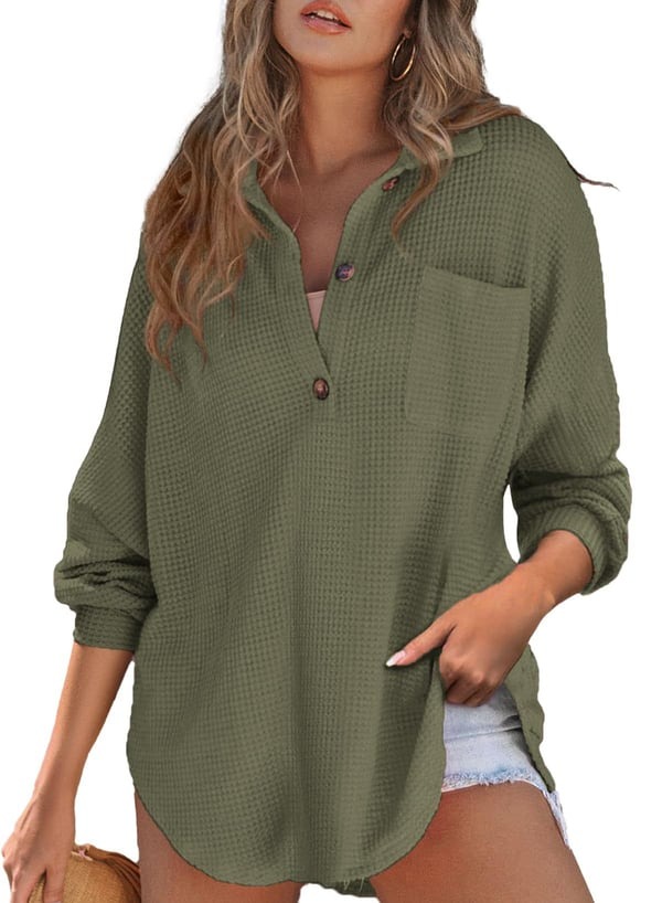 Women's Waffle Knit Henley V Neck Shirt Jacket