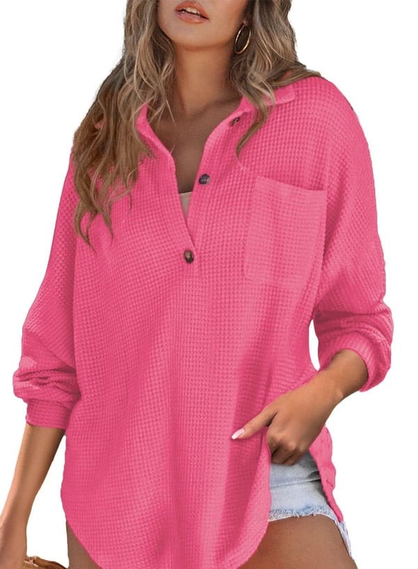 Women's Waffle Knit Henley V Neck Shirt Jacket