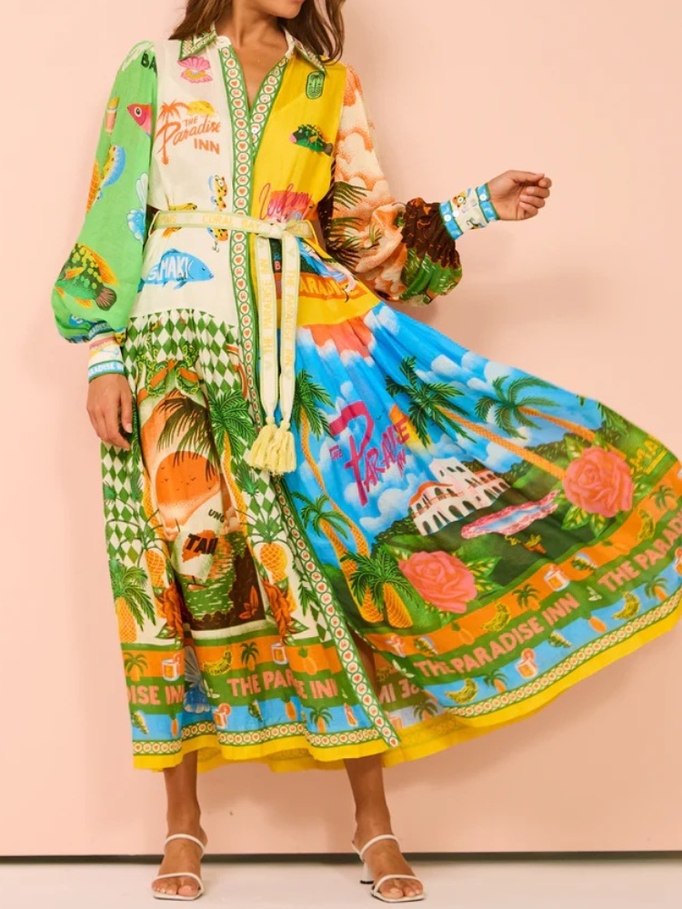 Lantern Sleeve Graffiti Print Lace-Up Waist Dress