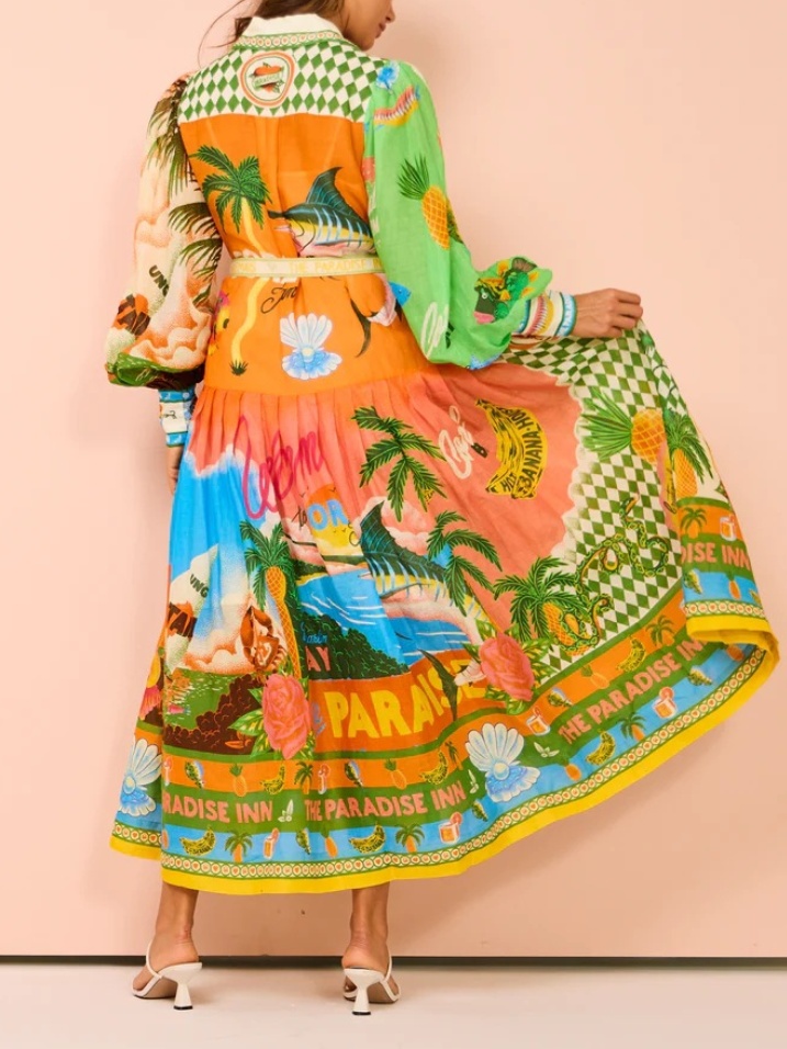 Lantern Sleeve Graffiti Print Lace-Up Waist Dress