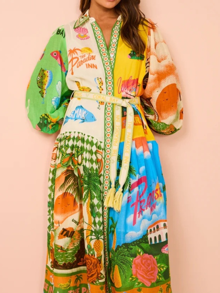 Lantern Sleeve Graffiti Print Lace-Up Waist Dress