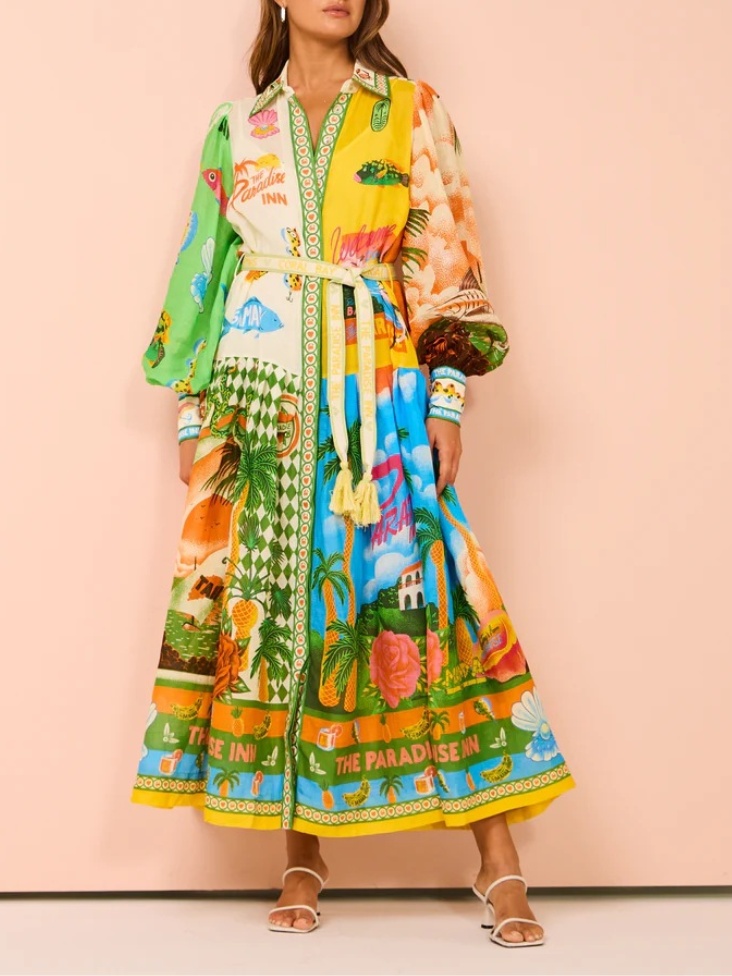 Lantern Sleeve Graffiti Print Lace-Up Waist Dress