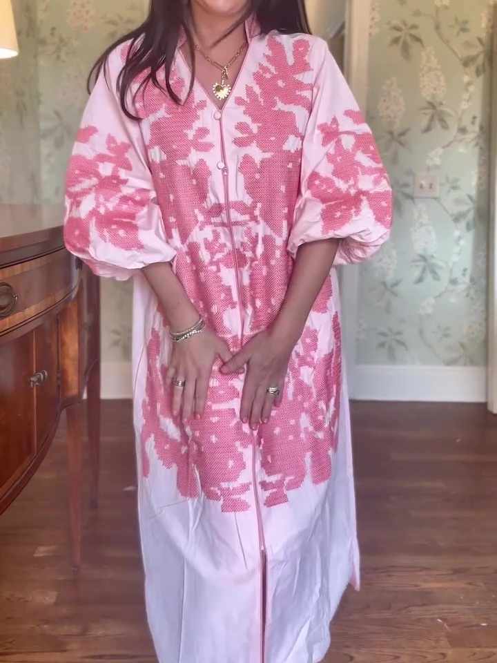 Casual V-Neck Floral Embroidery 3/4 Sleeves Mid Dress