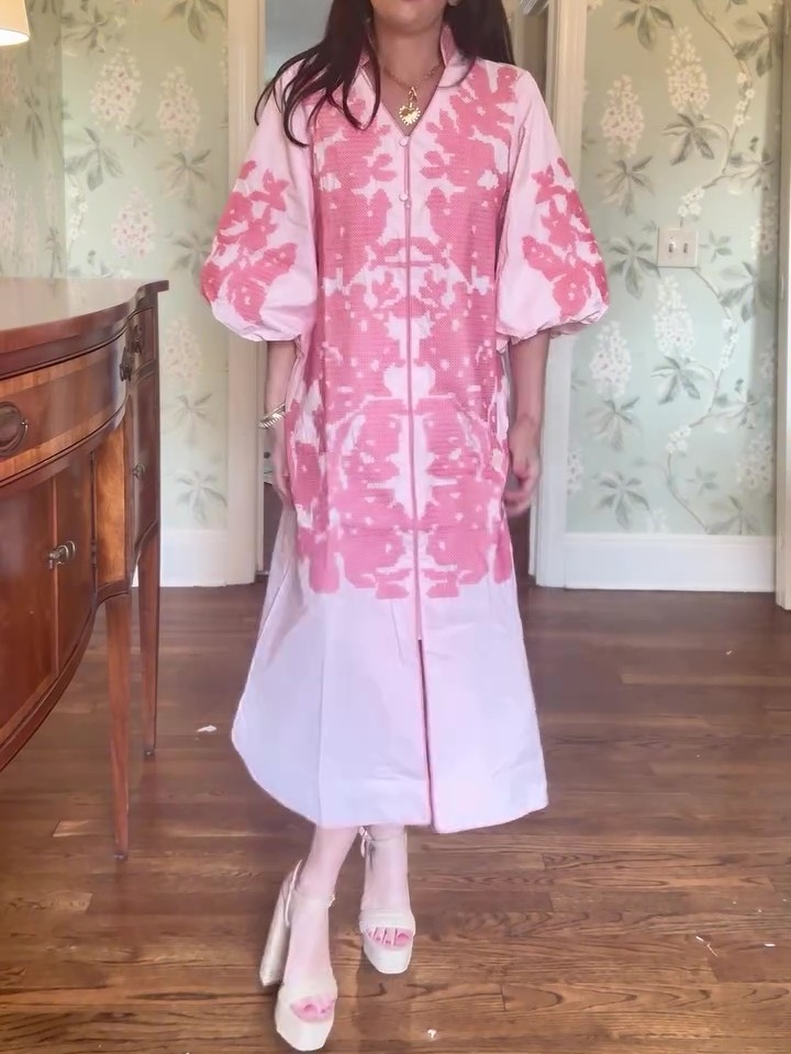 Casual V-Neck Floral Embroidery 3/4 Sleeves Mid Dress