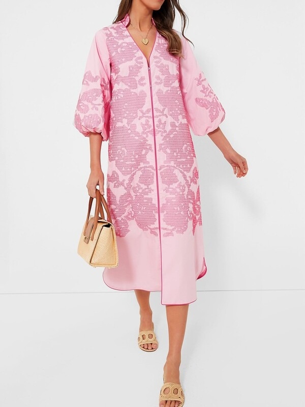 Casual V-Neck Floral Embroidery 3/4 Sleeves Mid Dress