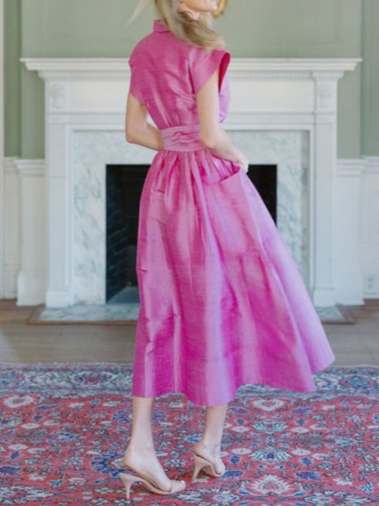 Button Closure Short Sleeve A-line Maxi Dress With Belt