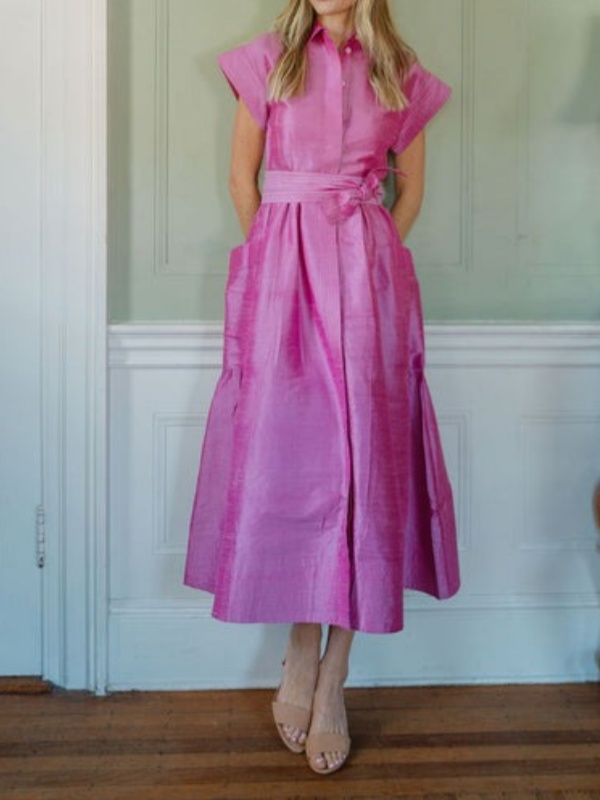 Button Closure Short Sleeve A-line Maxi Dress With Belt