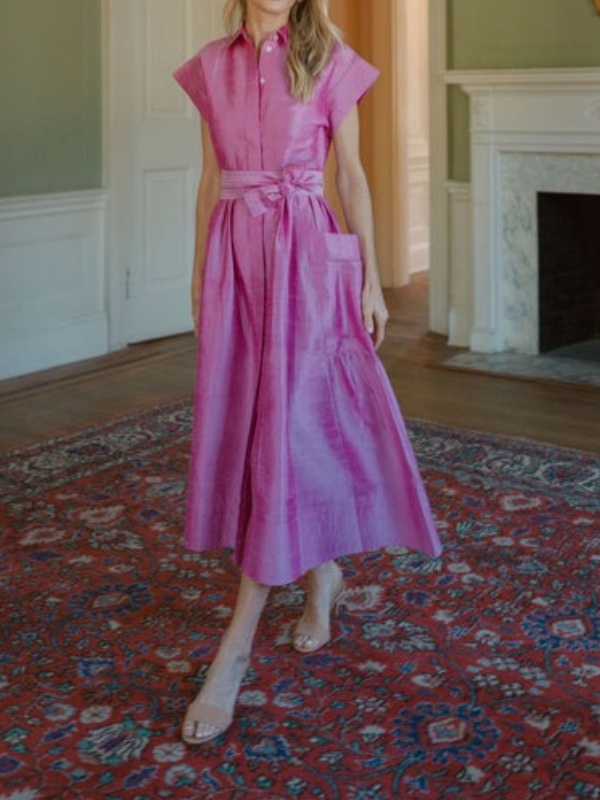 Button Closure Short Sleeve A-line Maxi Dress With Belt