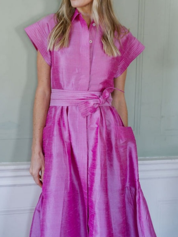 Button Closure Short Sleeve A-line Maxi Dress With Belt