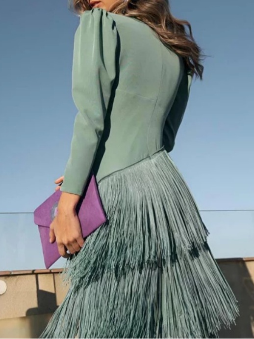 V-neck Waisted Fringed Party Dress