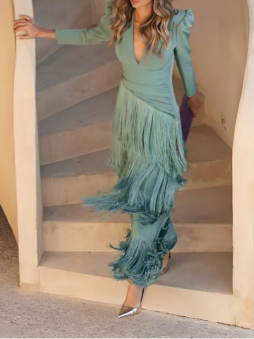 V-neck Waisted Fringed Party Dress