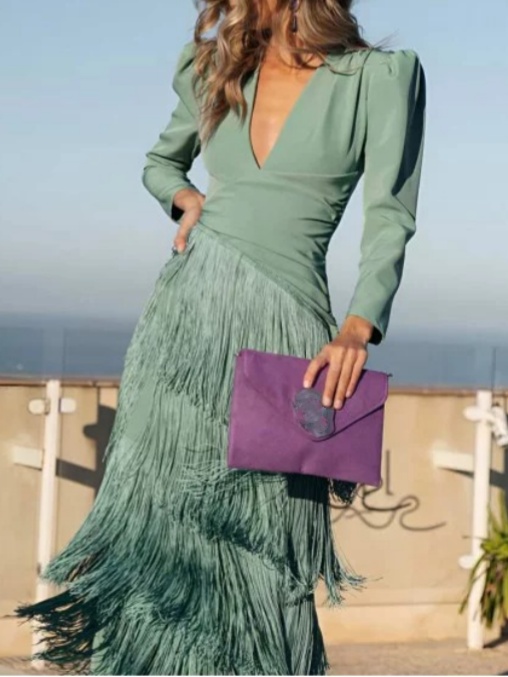 V-neck Waisted Fringed Party Dress