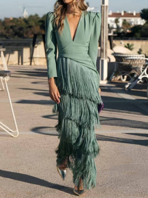 V-neck Waisted Fringed Party Dress