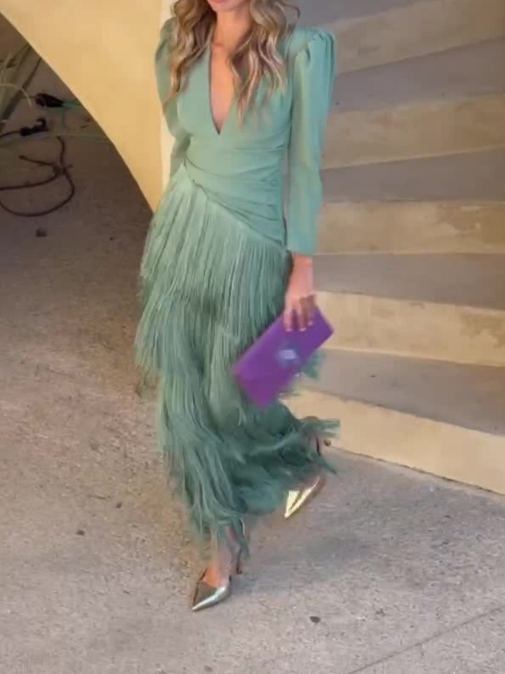 V-neck Waisted Fringed Party Dress