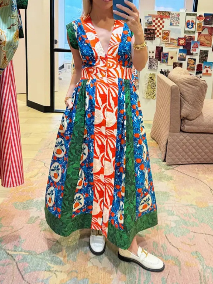 V Neck Bander Sleeves Print Dress