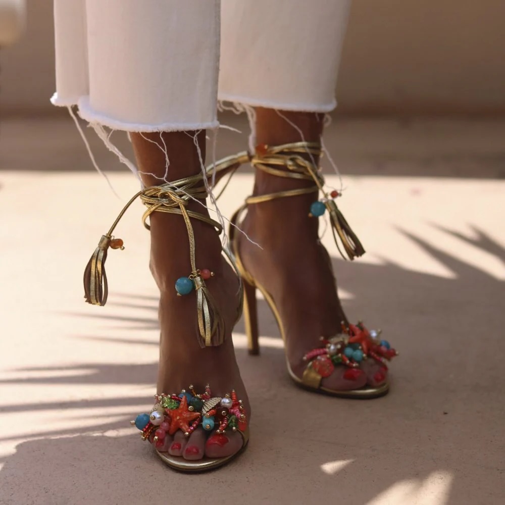 Starfish Beaded Strappy High Heels
