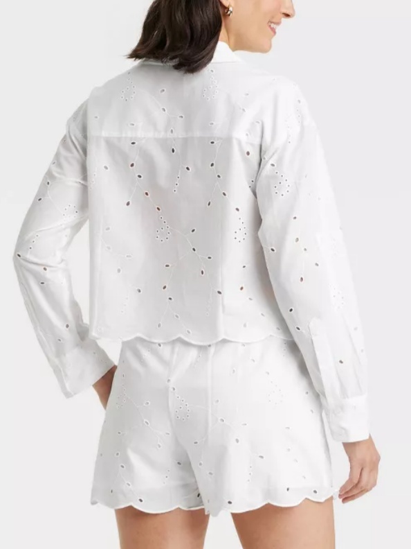 Eyelet Long Sleeve Shirt High-Rise Short 2pc Set